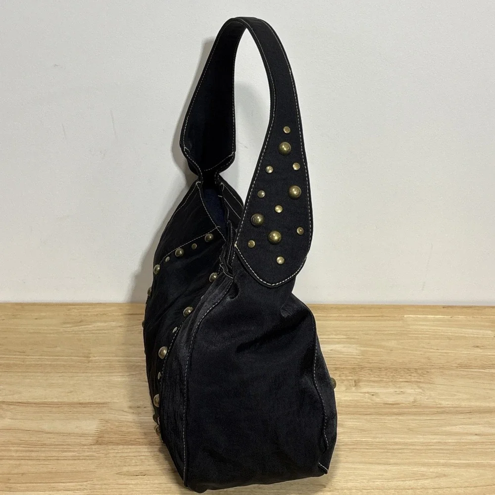 Kenneth Cole Reaction Black Studded Hobo Shoulder Bag Purse Y2K Boho